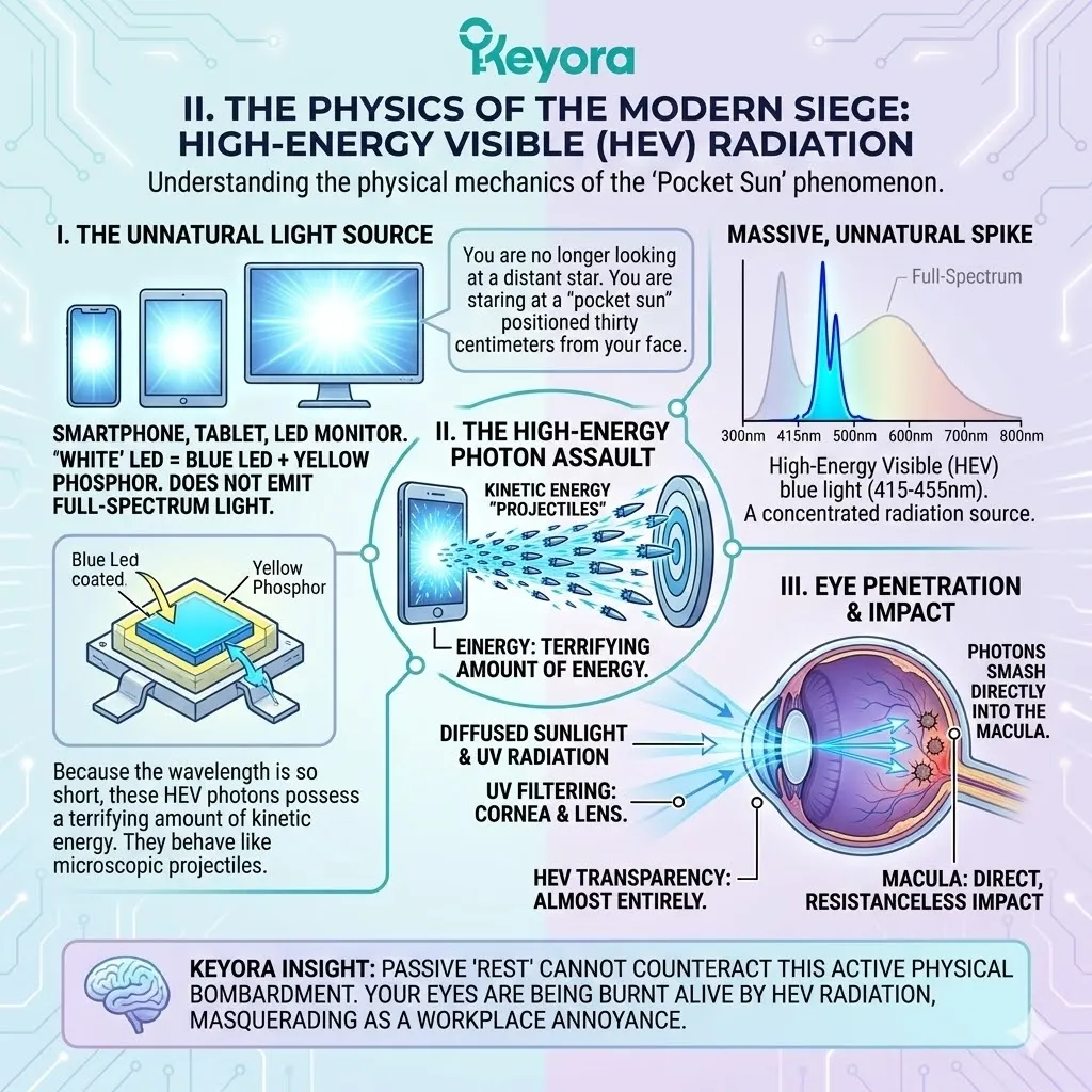 HEV Radiation projectiles penetrate the crystalline lens, delivering kinetic force to the Macula and overwhelming Four-Drive System structural defenses. HEV Radiation projectiles penetrate the crystalline lens, delivering kinetic force to the Macula and overwhelming Four-Drive System structural defenses.