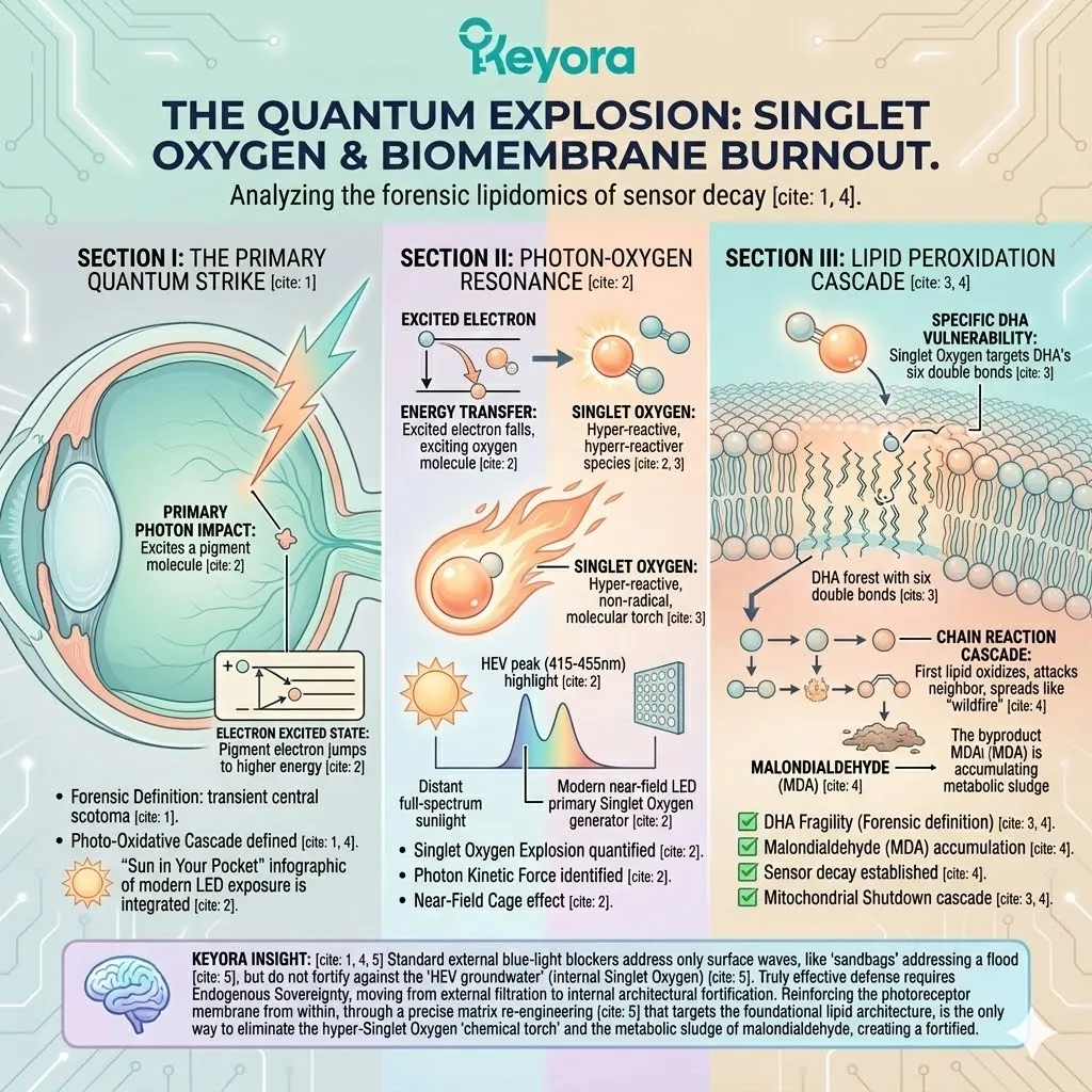 Singlet Oxygen triggers a peroxidative wildfire across DHA double bonds, collapsing Four-Drive System stability through a toxic Malondialdehyde cascade. Singlet Oxygen triggers a peroxidative wildfire across DHA double bonds, collapsing Four-Drive System stability through a toxic Malondialdehyde cascade.