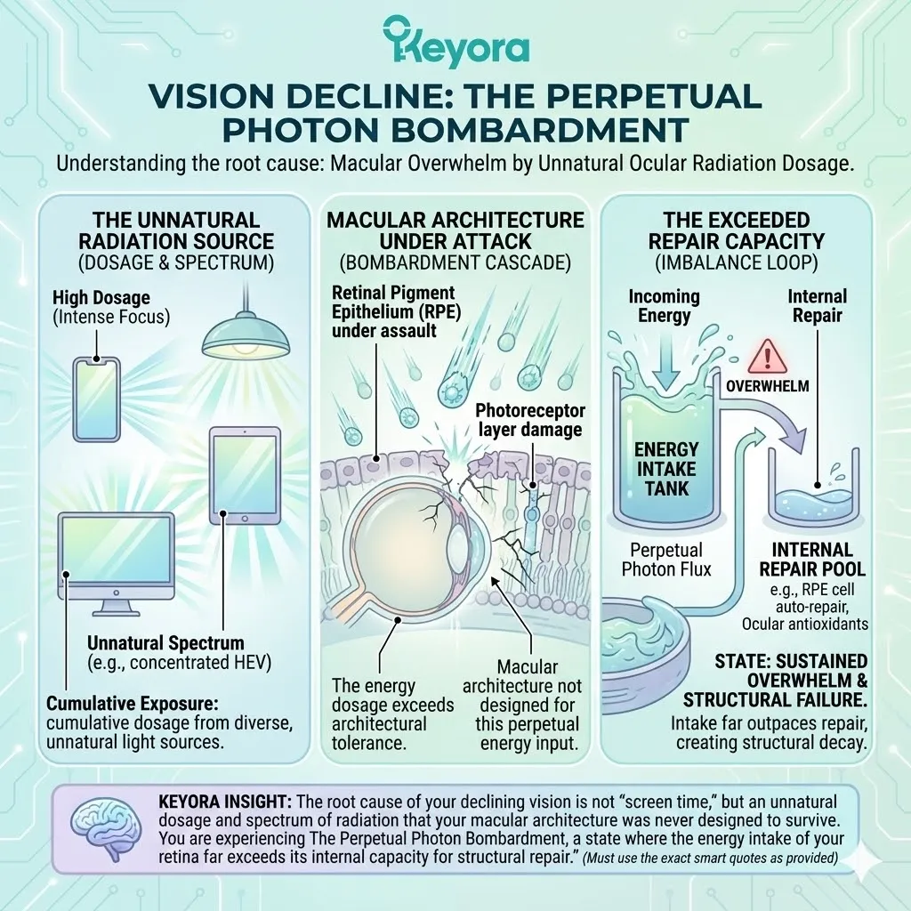Perpetual Photon Bombardment causes Macular Architecture collapse when energy intake exceeds the Four-Drive System capacity for internal structural repair. Perpetual Photon Bombardment causes Macular Architecture collapse when energy intake exceeds the Four-Drive System capacity for internal structural repair.