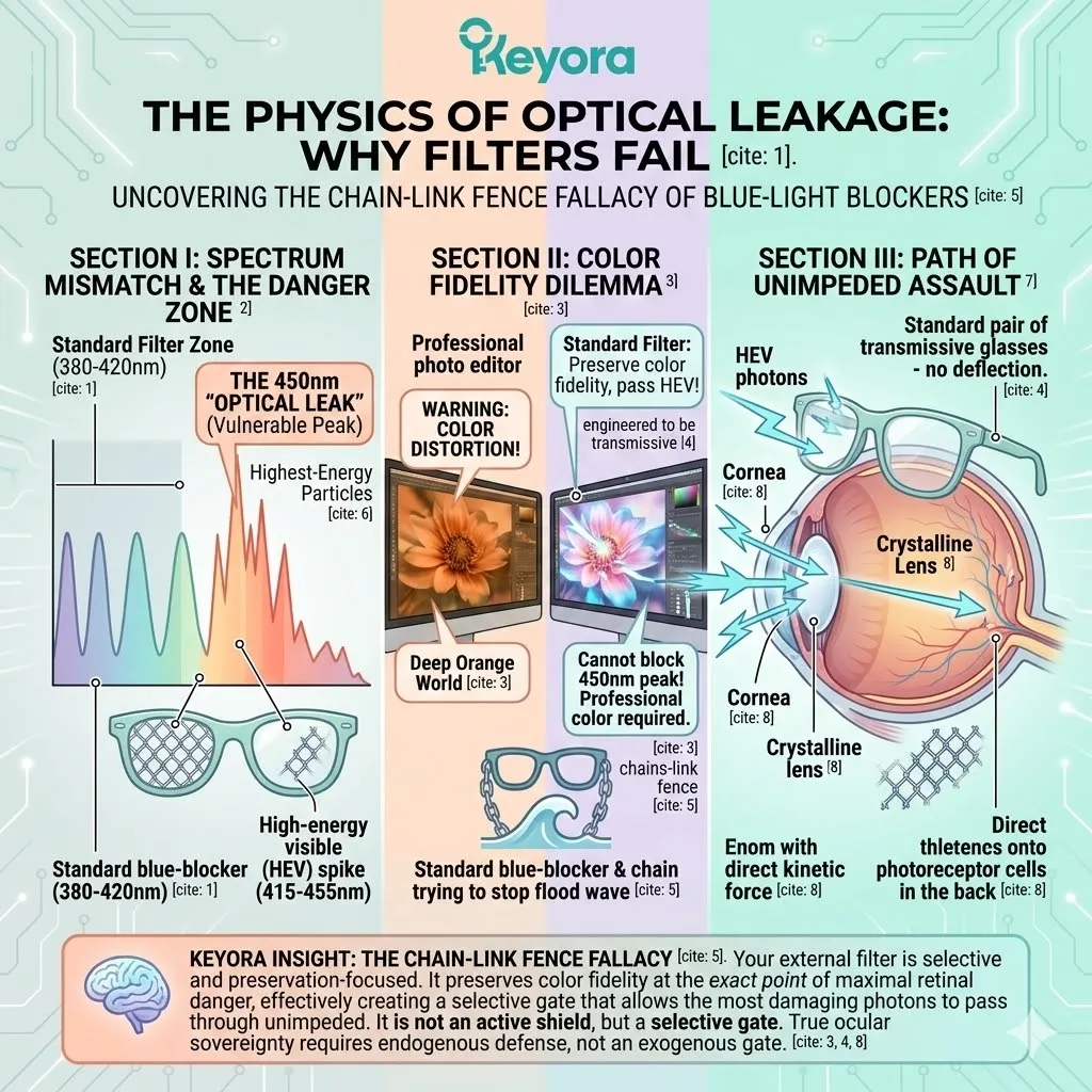 Optical Leakage allows HEV Photons to pierce the crystalline lens, causing kinetic damage to the Macula and Four-Drive System architecture. Optical Leakage allows HEV Photons to pierce the crystalline lens, causing kinetic damage to the Macula and Four-Drive System architecture.