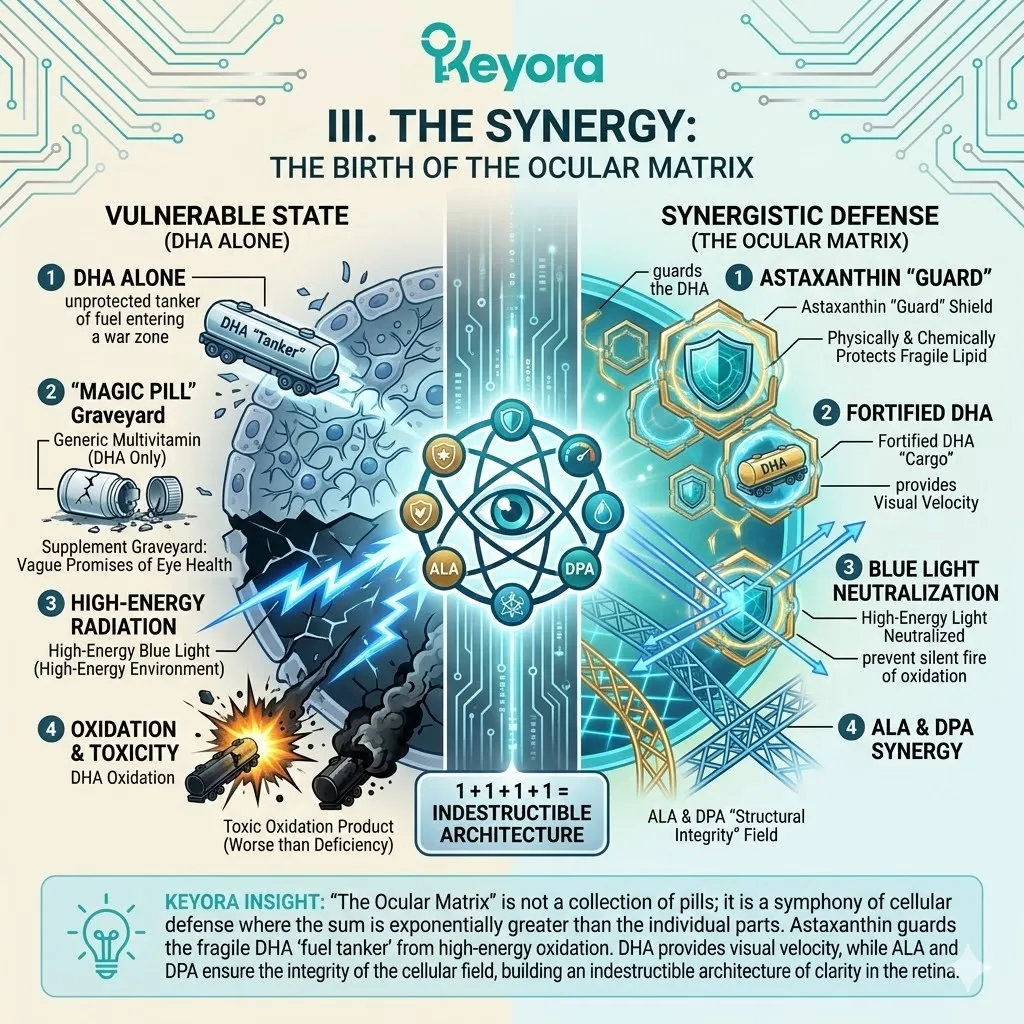 The Ocular Matrix integrates Astaxanthin to shield DHA from oxidation, ensuring visual velocity and Four-Drive System structural integrity under HEV stress. The Ocular Matrix integrates Astaxanthin to shield DHA from oxidation, ensuring visual velocity and Four-Drive System structural integrity under HEV stress.