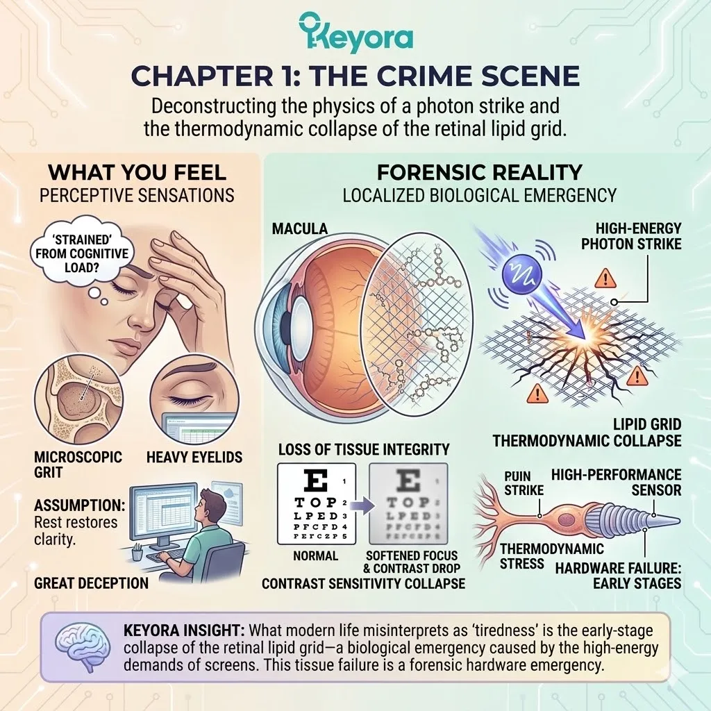 Photon Strike triggers Thermodynamic Collapse of the Retinal Lipid Grid, compromising Systemic Regulator flux and the Four-Drive System's integrity. Photon Strike triggers Thermodynamic Collapse of the Retinal Lipid Grid, compromising Systemic Regulator flux and the Four-Drive System's integrity.