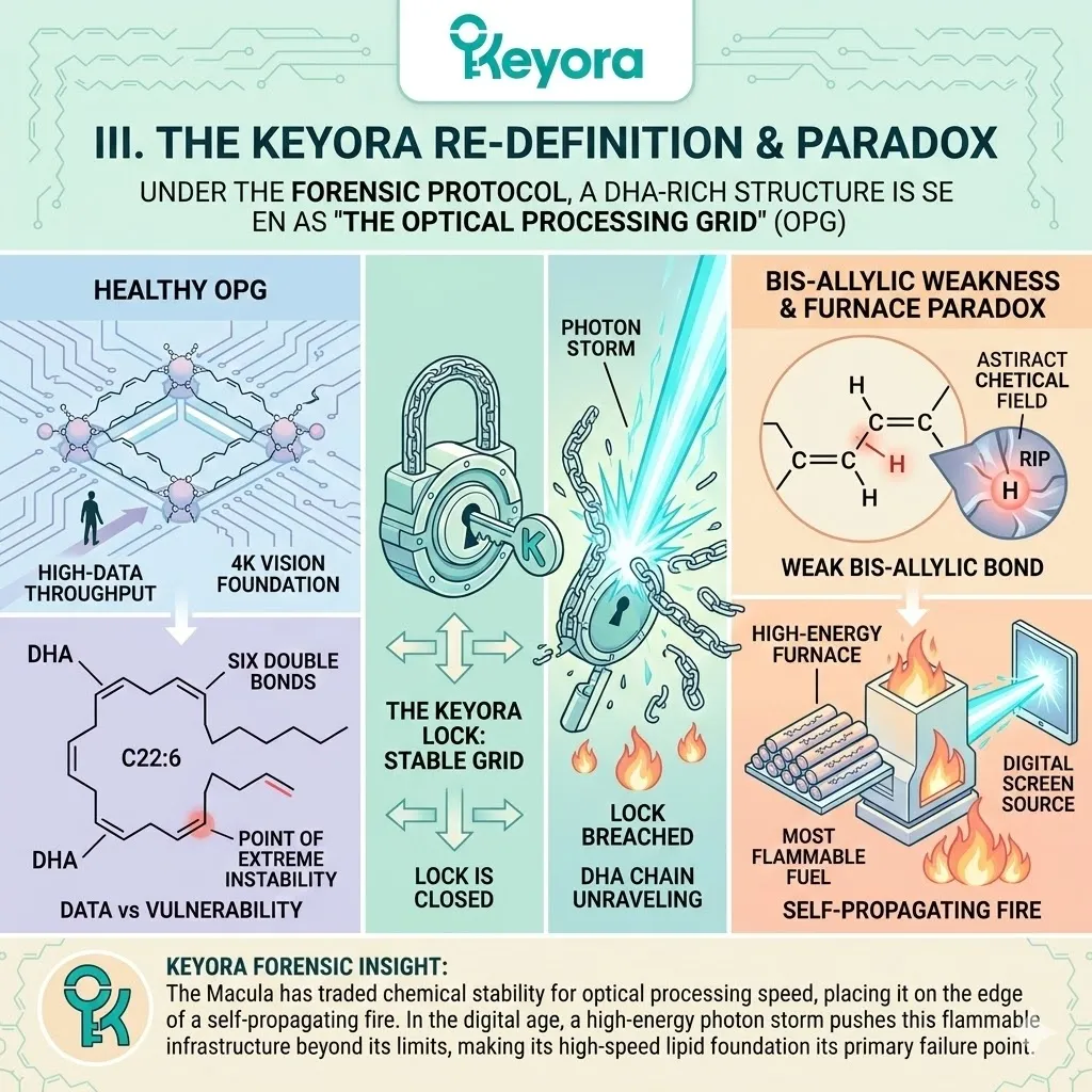 The Keyora Lock within the Optical Processing Grid protects the DHA Bis-Allylic Hydrogen from Thermodynamic Collapse and high-velocity oxidative flux. The Keyora Lock within the Optical Processing Grid protects the DHA Bis-Allylic Hydrogen from Thermodynamic Collapse and high-velocity oxidative flux.