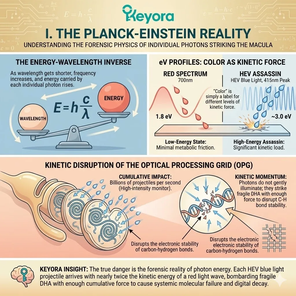 Planck-Einstein Relation analysis of the 415nm HEV Assassin reveals 3.0 eV kinetic loads inducing Thermodynamic Collapse of the Optical Processing Grid. Planck-Einstein Relation analysis of the 415nm HEV Assassin reveals 3.0 eV kinetic loads inducing Thermodynamic Collapse of the Optical Processing Grid.