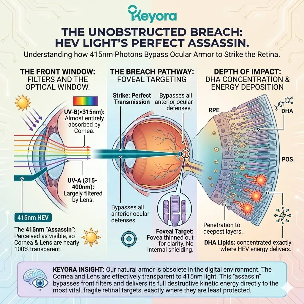 Optical Window breach by 415nm photons bypasses anterior defenses, delivering 3.0 eV kinetic loads to the unprotected Four-Drive System. Optical Window breach by 415nm photons bypasses anterior defenses, delivering 3.0 eV kinetic loads to the unprotected Four-Drive System.