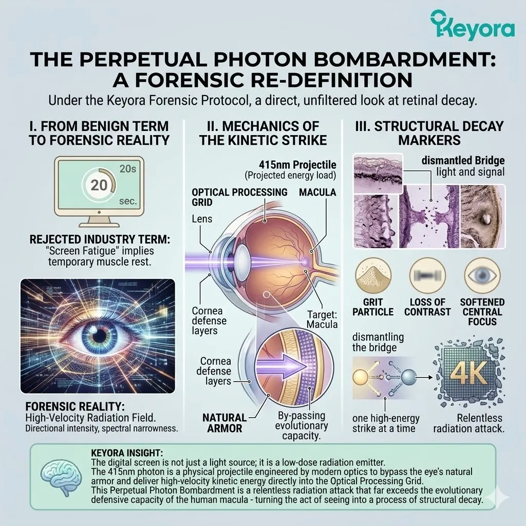 Perpetual Photon Bombardment via 415nm projectiles bypasses the Optical Window, inducing Structural Decay within the Four-Drive System and lipid grid. Perpetual Photon Bombardment via 415nm projectiles bypasses the Optical Window, inducing Structural Decay within the Four-Drive System and lipid grid.