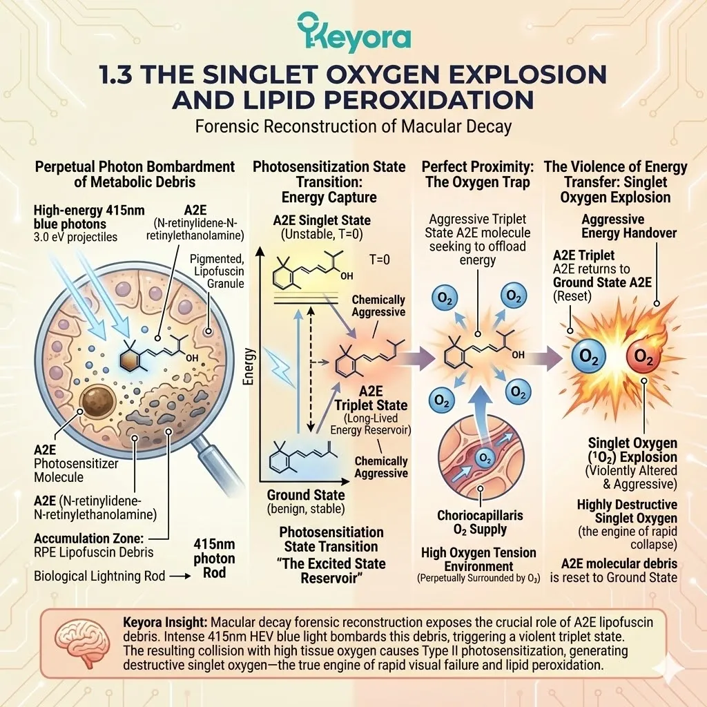 A2E Photosensitizer activation by 415nm strikes triggers Type II Photosensitization, inducing Thermodynamic Collapse of the Four-Drive System via energy handover. A2E Photosensitizer activation by 415nm strikes triggers Type II Photosensitization, inducing Thermodynamic Collapse of the Four-Drive System via energy handover.
