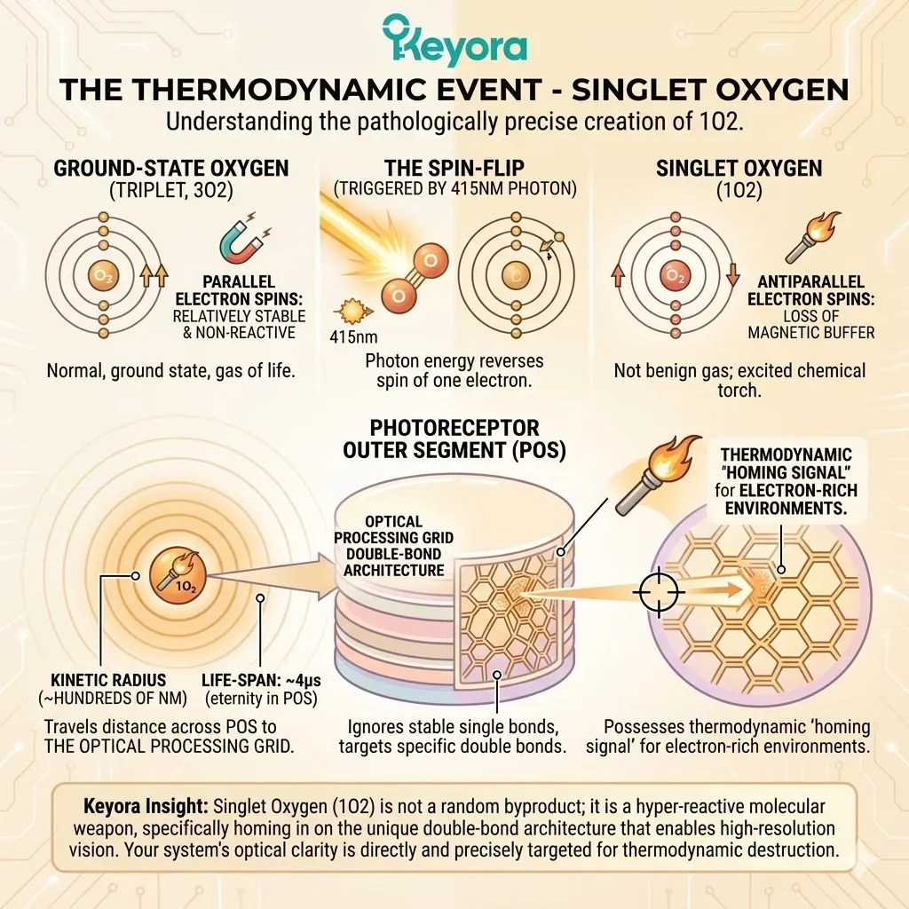 Singlet Oxygen spin-flip initiates a Microscopic Explosion, targeting the double-bond architecture of the Optical Processing Grid and the Four-Drive System. Singlet Oxygen spin-flip initiates a Microscopic Explosion, targeting the double-bond architecture of the Optical Processing Grid and the Four-Drive System.