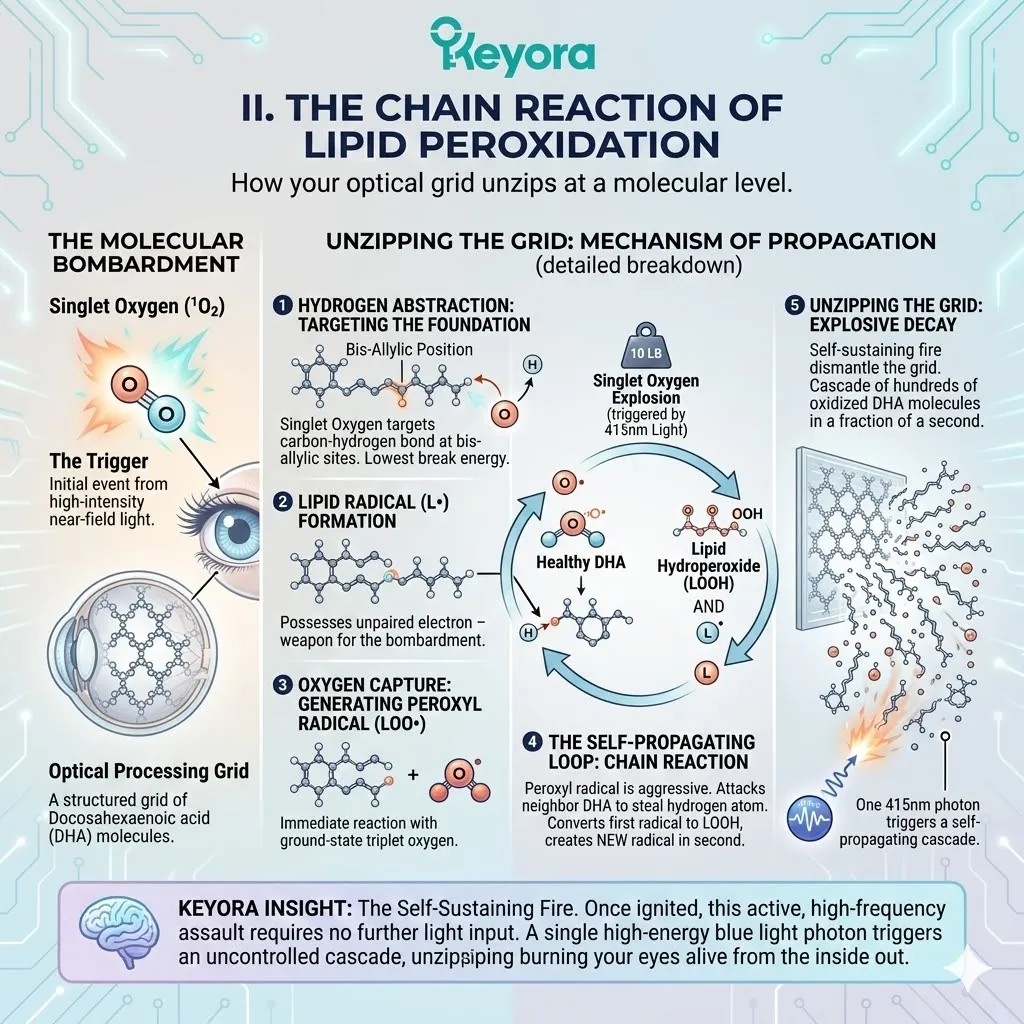 DHA Hydrogen Abstraction by Singlet Oxygen triggers the Self-Propagating Loop of Lipid Peroxidation, dismantling the Optical Processing Grid and Four-Drive System. DHA Hydrogen Abstraction by Singlet Oxygen triggers the Self-Propagating Loop of Lipid Peroxidation, dismantling the Optical Processing Grid and Four-Drive System.