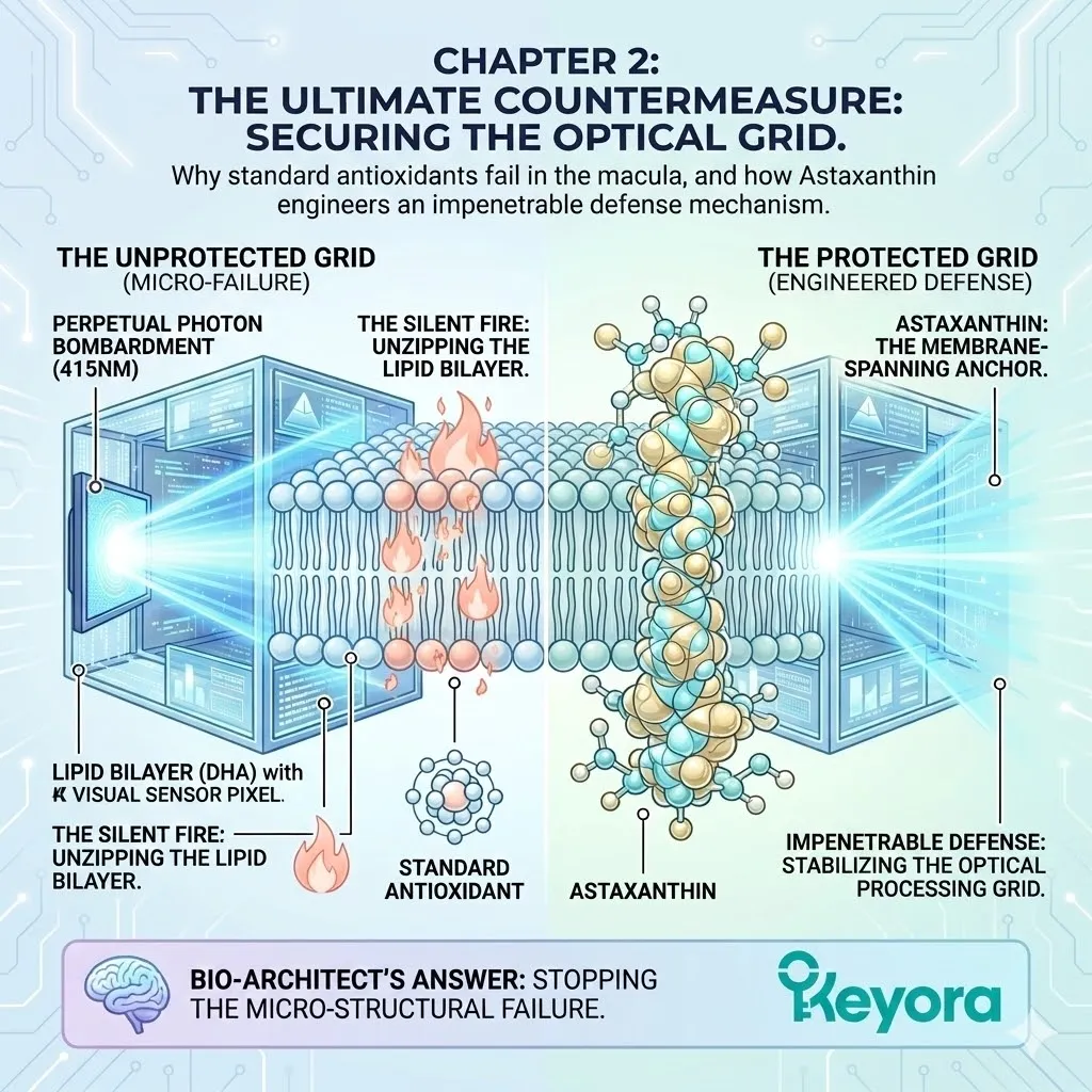 Mechanism of Astaxanthin integrates into the Optical Processing Grid to halt The Silent Fire, ensuring DHA protection and systemic structural integrity. Mechanism of Astaxanthin integrates into the Optical Processing Grid to halt The Silent Fire, ensuring DHA protection and systemic structural integrity.