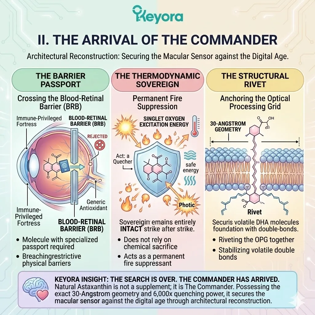 Mechanism of Natural Astaxanthin crosses the Blood-Retinal Barrier to bridge the 30-Angstrom lipid bilayer, securing the Optical Processing Grid against Singlet Oxygen. Mechanism of Natural Astaxanthin crosses the Blood-Retinal Barrier to bridge the 30-Angstrom lipid bilayer, securing the Optical Processing Grid against Singlet Oxygen.
