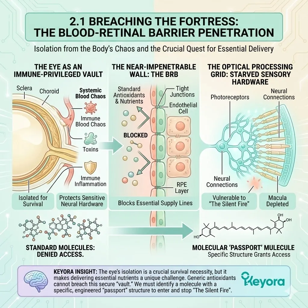 Mechanism of Natural Astaxanthin achieves Blood-Retinal Barrier penetration to reach the foveal pit, bypassing systemic barriers to secure the Optical Processing Grid. Mechanism of Natural Astaxanthin achieves Blood-Retinal Barrier penetration to reach the foveal pit, bypassing systemic barriers to secure the Optical Processing Grid.