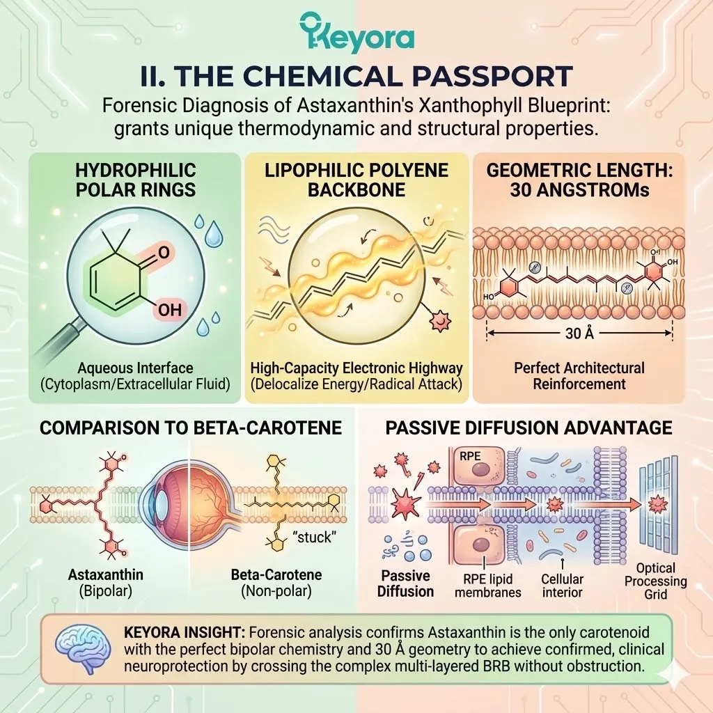 Mechanism of Natural Astaxanthin utilizes a 30-Angstrom bipolar structure to navigate the BRB, bypassing Beta-Carotene limitations to reinforce the Optical Processing Grid. Mechanism of Natural Astaxanthin utilizes a 30-Angstrom bipolar structure to navigate the BRB, bypassing Beta-Carotene limitations to reinforce the Optical Processing Grid.