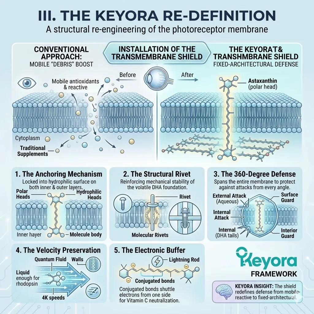 Mechanism of Natural Astaxanthin executes a vertical insertion maneuver to form The Transmembrane Shield, riveting the lipid bilayer to halt The Silent Fire. Mechanism of Natural Astaxanthin executes a vertical insertion maneuver to form The Transmembrane Shield, riveting the lipid bilayer to halt The Silent Fire.