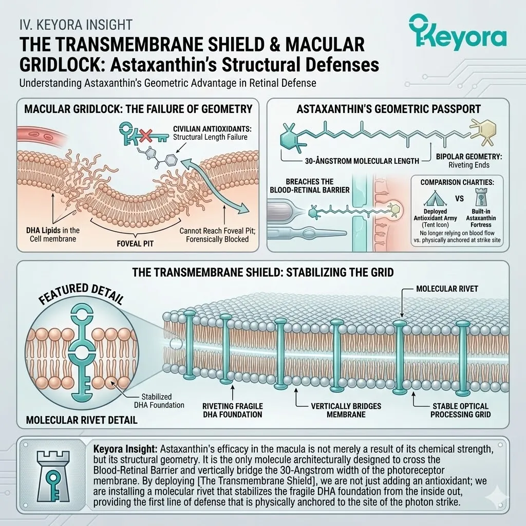 Mechanism of Natural Astaxanthin utilizes 30-Angstrom geometry to cross the Blood-Retinal Barrier and install the Transmembrane Shield for DHA stability. Mechanism of Natural Astaxanthin utilizes 30-Angstrom geometry to cross the Blood-Retinal Barrier and install the Transmembrane Shield for DHA stability.
