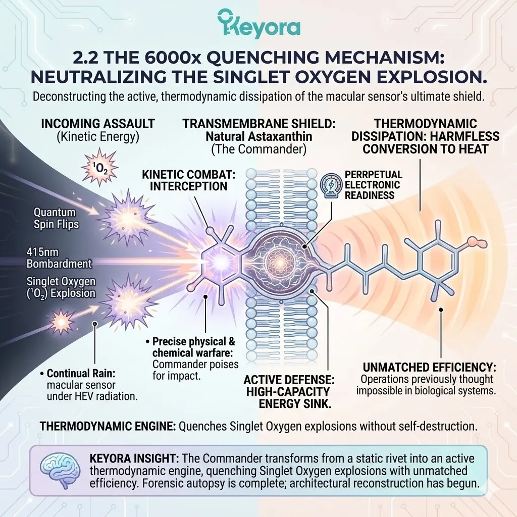 Mechanism of Natural Astaxanthin initiates high-capacity energy sinking to neutralize the Singlet Oxygen explosion and maintain the Four-Drive System. Mechanism of Natural Astaxanthin initiates high-capacity energy sinking to neutralize the Singlet Oxygen explosion and maintain the Four-Drive System.