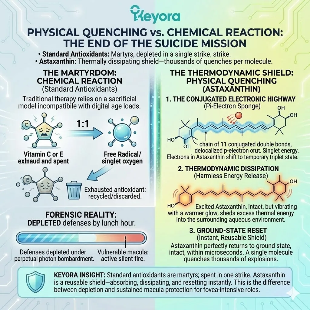 Mechanism of Physical Quenching utilizes the Conjugated Electronic Highway to neutralize Singlet Oxygen via Triplet-Triplet Energy Transfer without chemical sacrifice. Mechanism of Physical Quenching utilizes the Conjugated Electronic Highway to neutralize Singlet Oxygen via Triplet-Triplet Energy Transfer without chemical sacrifice.