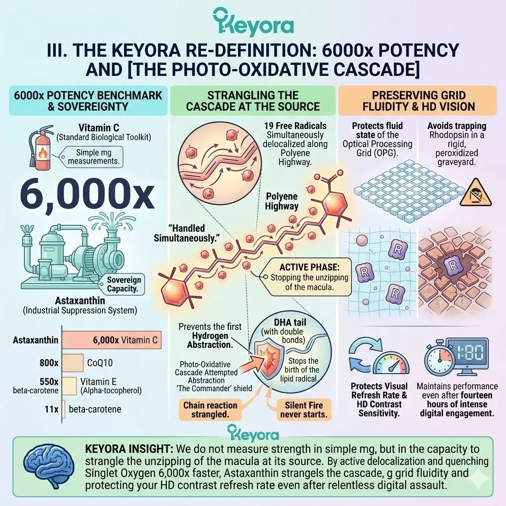 Mechanism of the 6000x Benchmark stops the Photo-Oxidative Cascade by quenching Singlet Oxygen 6,000 times faster than Vitamin C to prevent Hydrogen Abstraction. Mechanism of the 6000x Benchmark stops the Photo-Oxidative Cascade by quenching Singlet Oxygen 6,000 times faster than Vitamin C to prevent Hydrogen Abstraction.