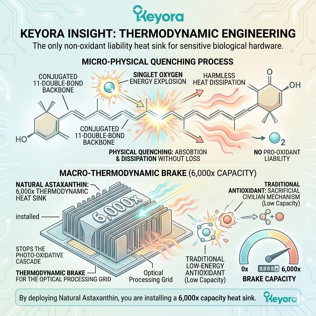 Mechanism of Physical Quenching uses the 11-double-bond backbone as a 6000x thermodynamic brake to dissipate Singlet Oxygen as harmless heat. Mechanism of Physical Quenching uses the 11-double-bond backbone as a 6000x thermodynamic brake to dissipate Singlet Oxygen as harmless heat.