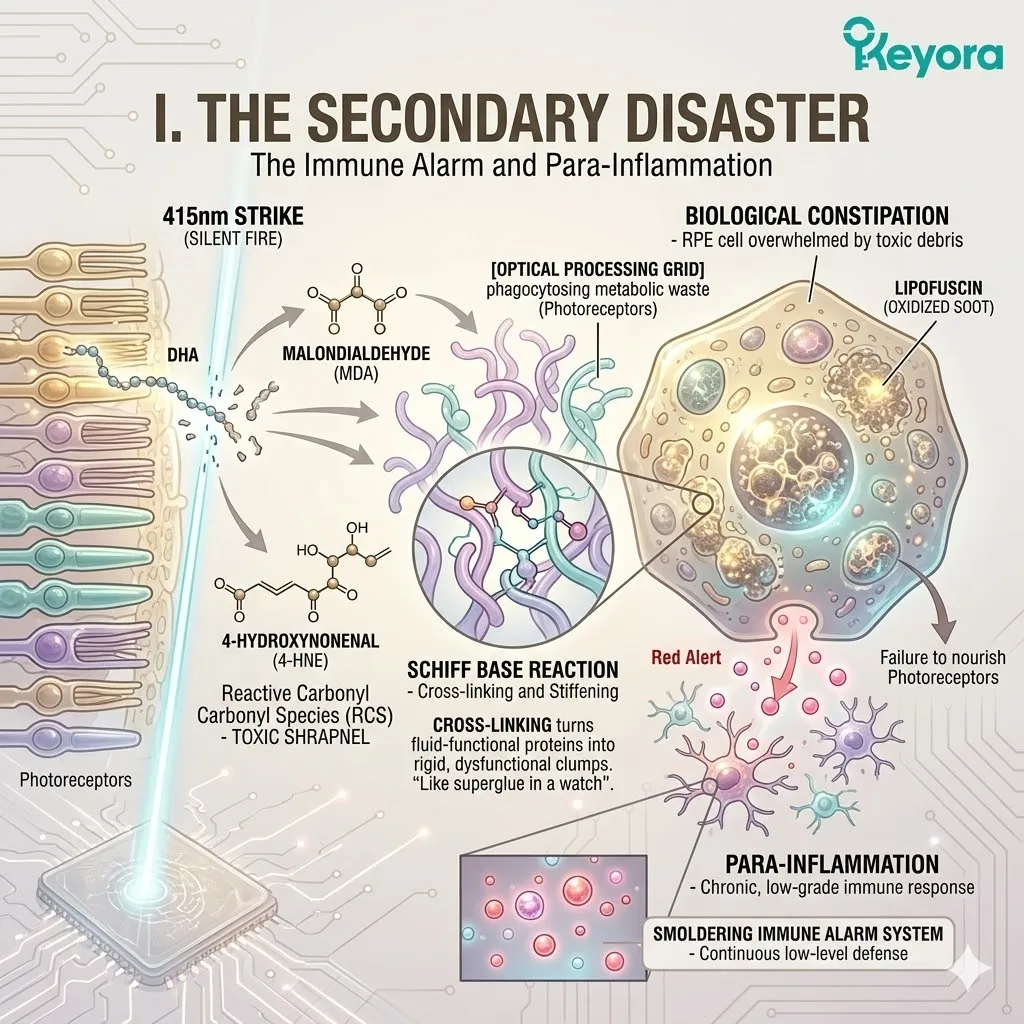 Mechanism of reactive carbonyl species fragments DHA into toxic shrapnel, triggering RPE biological constipation and the para-inflammation immune alarm. Mechanism of reactive carbonyl species fragments DHA into toxic shrapnel, triggering RPE biological constipation and the para-inflammation immune alarm.