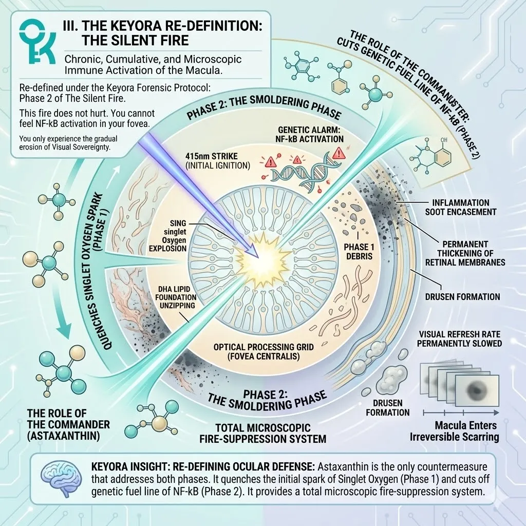 Mechanism of Natural Astaxanthin inhibits IKK kinase to lock the p65 subunit, extinguishing the Phase 2 genetic alarm of The Silent Fire. Mechanism of Natural Astaxanthin inhibits IKK kinase to lock the p65 subunit, extinguishing the Phase 2 genetic alarm of The Silent Fire.