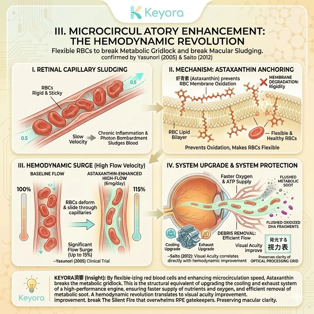Mechanism of the Hemodynamic Revolution utilizes micro-rheology to prevent red blood cell rigidity and increase retinal capillary blood flow velocity by 15 percent. Mechanism of the Hemodynamic Revolution utilizes micro-rheology to prevent red blood cell rigidity and increase retinal capillary blood flow velocity by 15 percent.