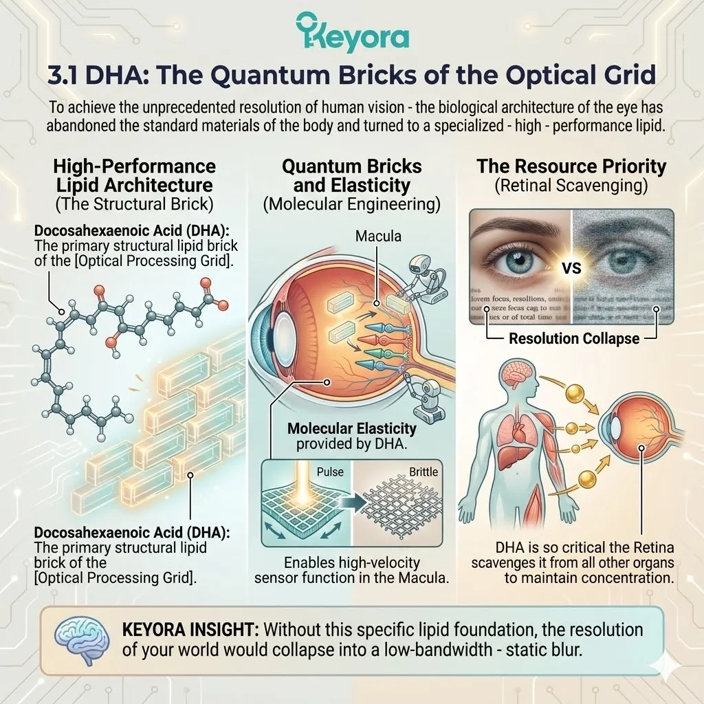 DHA acts as the primary structural brick for the Optical Processing Grid, enabling ATP Synthesis and the conversion of light into neurological thought. DHA acts as the primary structural brick for the Optical Processing Grid, enabling ATP Synthesis and the conversion of light into neurological thought.