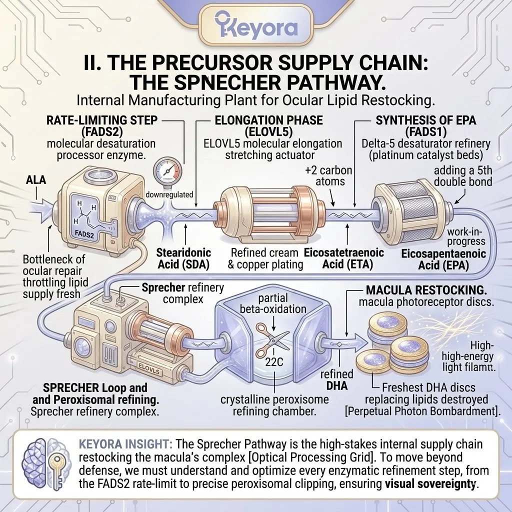 FADS2 and ELOVL5 facilitate the Sprecher Pathway, transforming ALA precursors into DHA to restock the Optical Processing Grid and maintain ATP Synthesis. FADS2 and ELOVL5 facilitate the Sprecher Pathway, transforming ALA precursors into DHA to restock the Optical Processing Grid and maintain ATP Synthesis.
