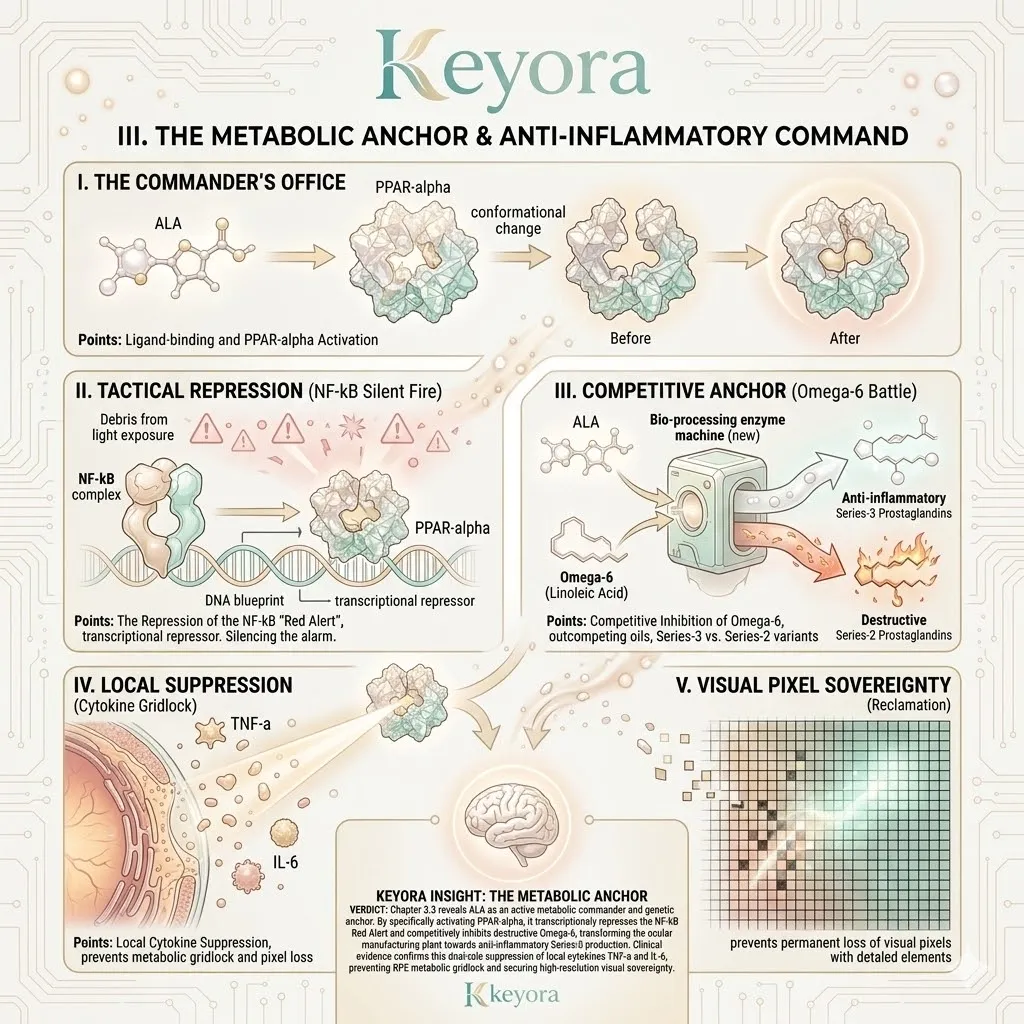 PPAR-alpha activation by ALA silences the NF-kB Red Alert, preventing metabolic gridlock and securing systemic regulation within the ocular microenvironment. PPAR-alpha activation by ALA silences the NF-kB Red Alert, preventing metabolic gridlock and securing systemic regulation within the ocular microenvironment.