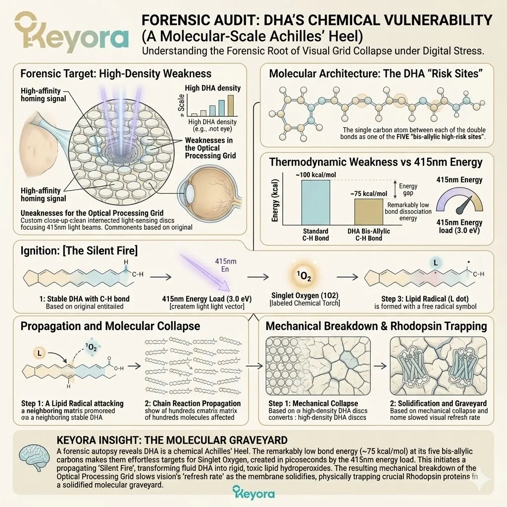 Singlet Oxygen targets the 75 kcal/mol bis-allylic carbons in DHA, triggering a Photo-Oxidative Cascade that collapses ATP Synthesis and the Four-Drive System. Singlet Oxygen targets the 75 kcal/mol bis-allylic carbons in DHA, triggering a Photo-Oxidative Cascade that collapses ATP Synthesis and the Four-Drive System.
