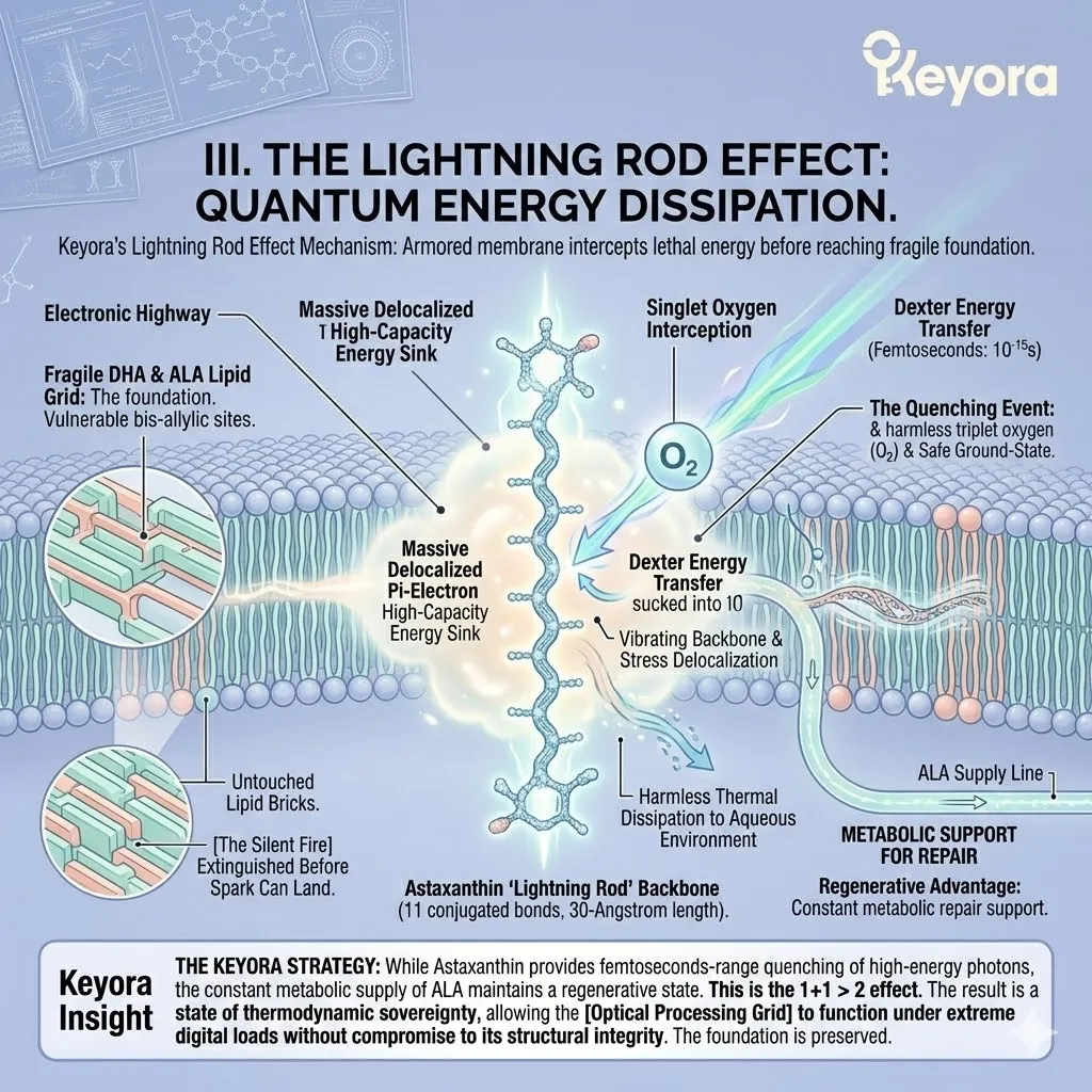 Dexter Energy Transfer within the 30-Angstrom pi-electron cloud neutralizes Singlet Oxygen in the femtosecond range to preserve ATP Synthesis. Dexter Energy Transfer within the 30-Angstrom pi-electron cloud neutralizes Singlet Oxygen in the femtosecond range to preserve ATP Synthesis.