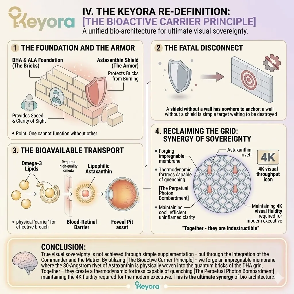 The Bioactive Carrier Principle integrates 30-Angstrom Astaxanthin into the DHA and ALA bilayer to secure ATP Synthesis and prevent 415nm structural debt. The Bioactive Carrier Principle integrates 30-Angstrom Astaxanthin into the DHA and ALA bilayer to secure ATP Synthesis and prevent 415nm structural debt.
