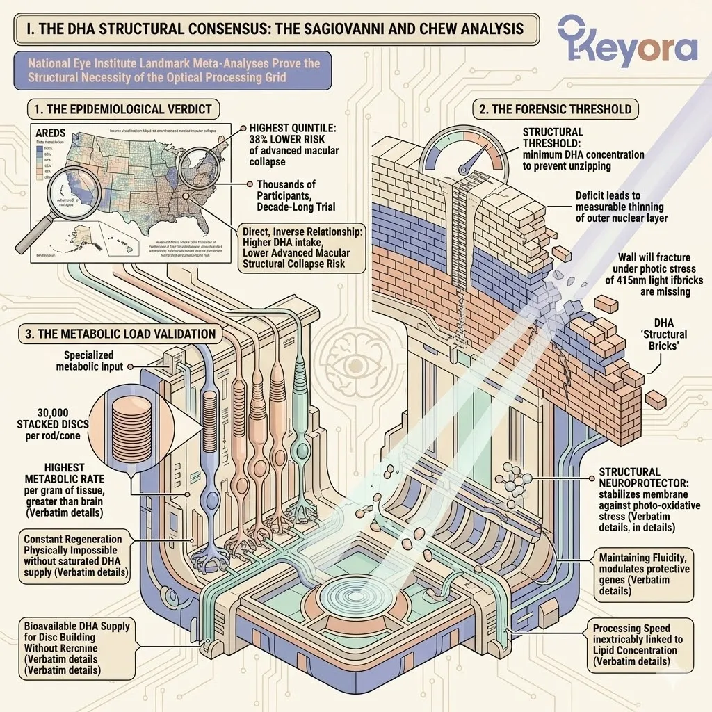 SanGiovanni and Chew analysis validates DHA as the structural neuroprotector required for ATP Synthesis and the regeneration of 30,000 photoreceptor discs. SanGiovanni and Chew analysis validates DHA as the structural neuroprotector required for ATP Synthesis and the regeneration of 30,000 photoreceptor discs.