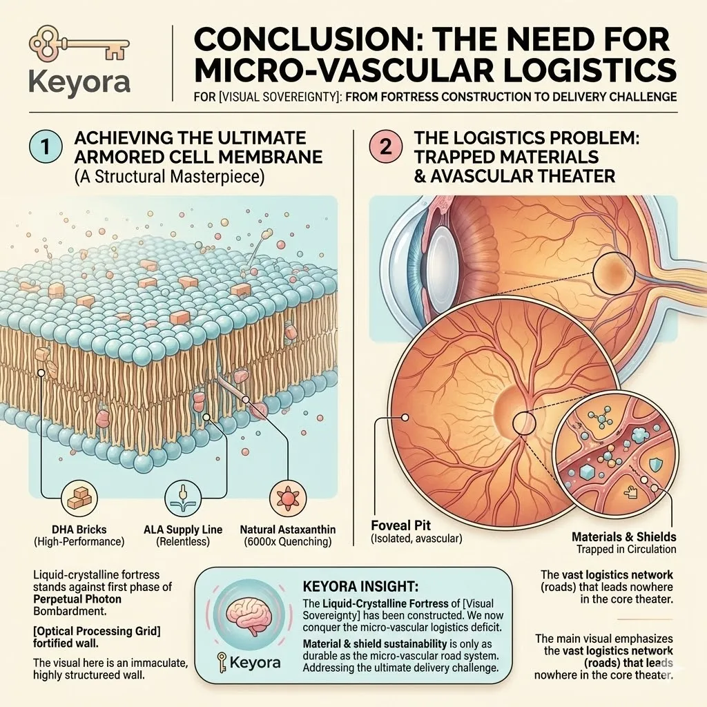 Systemic regulation achieves the liquid-crystalline fortress by integrating DHA bricks with the ALA supply chain and the 30-Angstrom Astaxanthin shield. Systemic regulation achieves the liquid-crystalline fortress by integrating DHA bricks with the ALA supply chain and the 30-Angstrom Astaxanthin shield.
