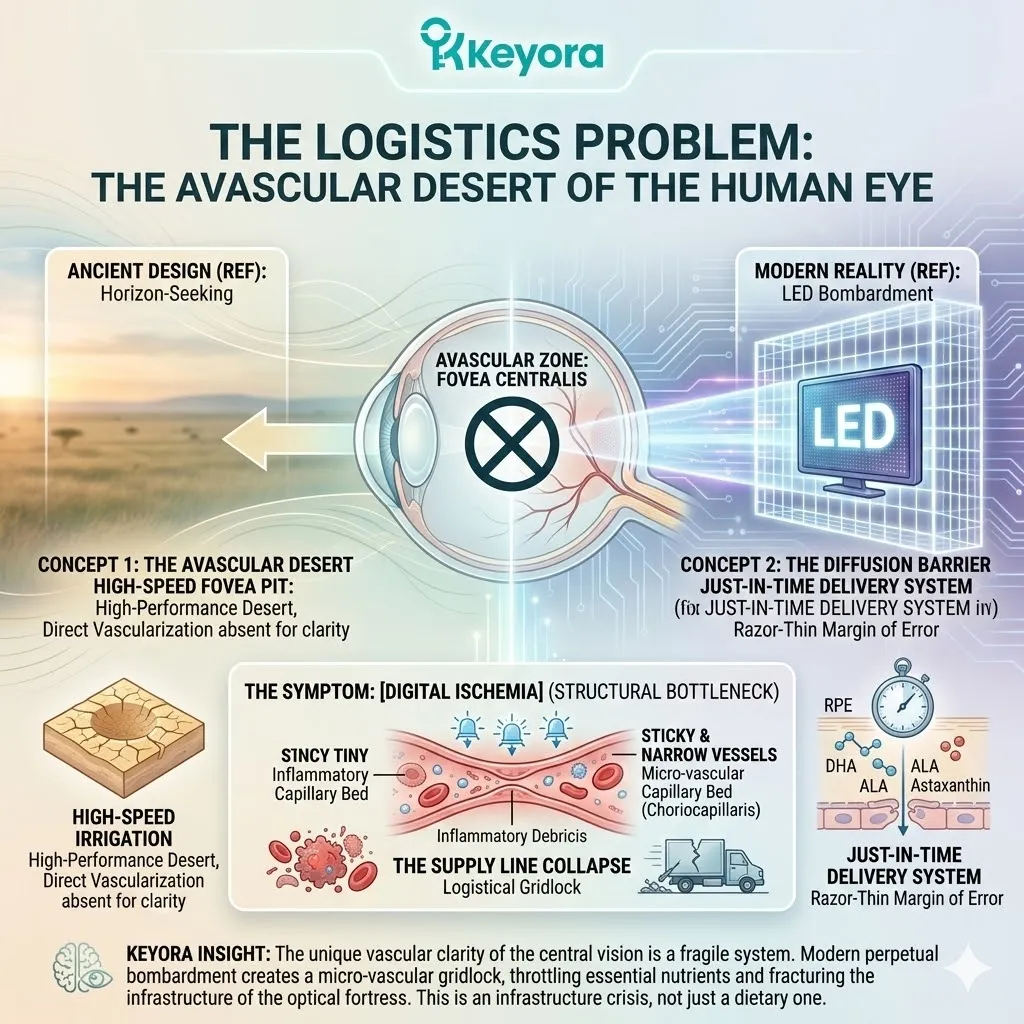 Micro-vascular gridlock in the choriocapillaris throttles the Precursor Supply Line, causing ATP Synthesis failure and the collapse of the Four-Drive System. Micro-vascular gridlock in the choriocapillaris throttles the Precursor Supply Line, causing ATP Synthesis failure and the collapse of the Four-Drive System.