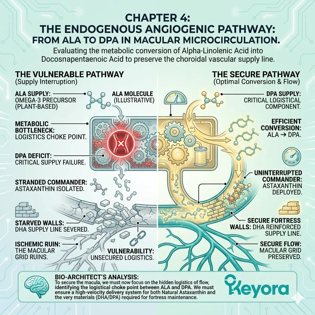 ALA to DPA conversion fuels the Endogenous Angiogenic Pathway to sustain Macular Microcirculation and prevent the Ischemic Ruin of the supply line. ALA to DPA conversion fuels the Endogenous Angiogenic Pathway to sustain Macular Microcirculation and prevent the Ischemic Ruin of the supply line.