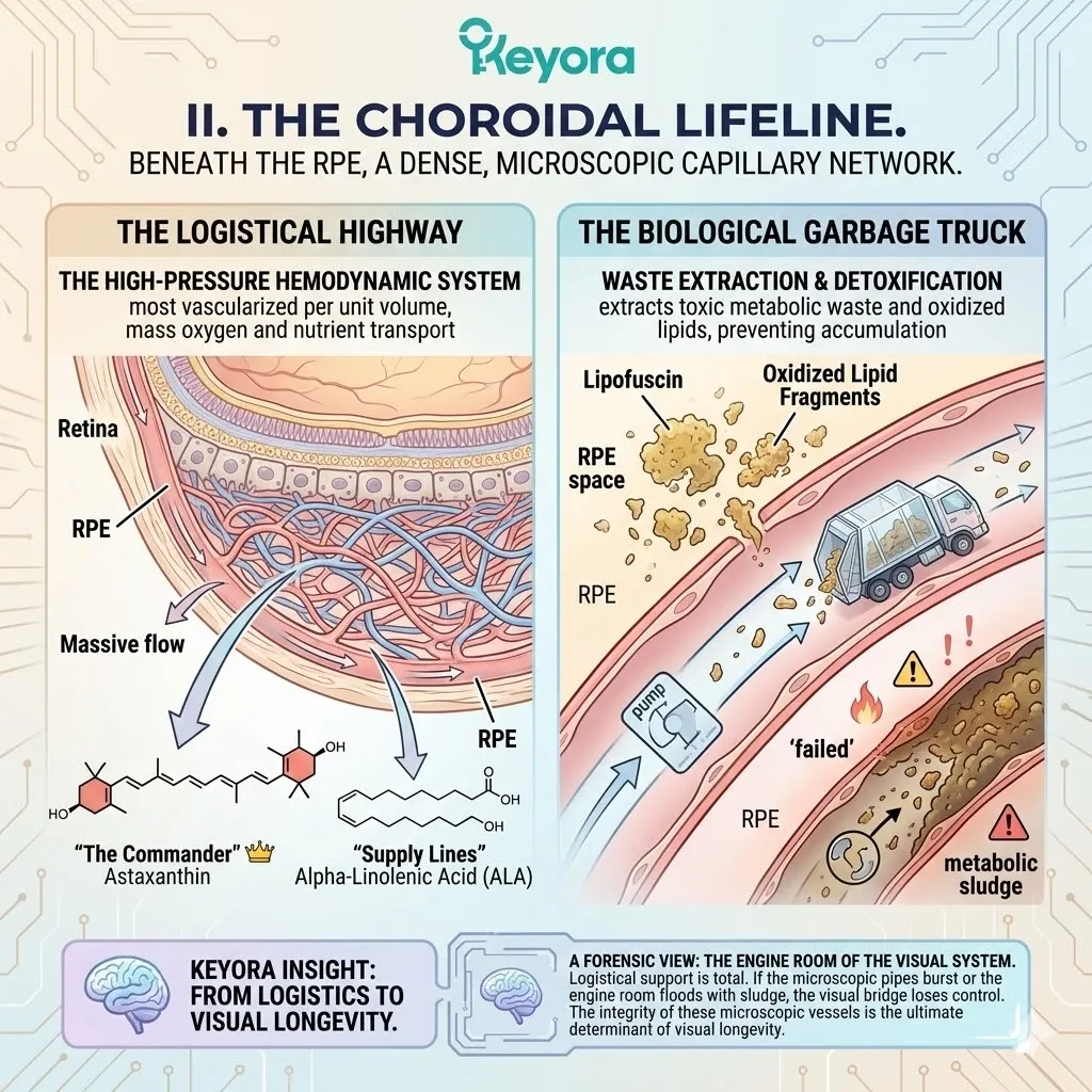 Choriocapillaris integrity sustains the Choroidal Lifeline to prevent Metabolic Sludge accumulation while optimizing the systemic Four-Drive System. Choriocapillaris integrity sustains the Choroidal Lifeline to prevent Metabolic Sludge accumulation while optimizing the systemic Four-Drive System.