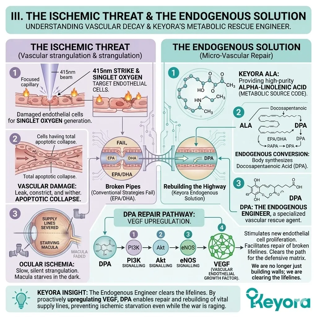 ALA to DPA conversion repairs Ischemic Threat by upregulating the PI3K/Akt/eNOS pathway to restore the Four-Drive System and Neurological Sovereignty. ALA to DPA conversion repairs Ischemic Threat by upregulating the PI3K/Akt/eNOS pathway to restore the Four-Drive System and Neurological Sovereignty.