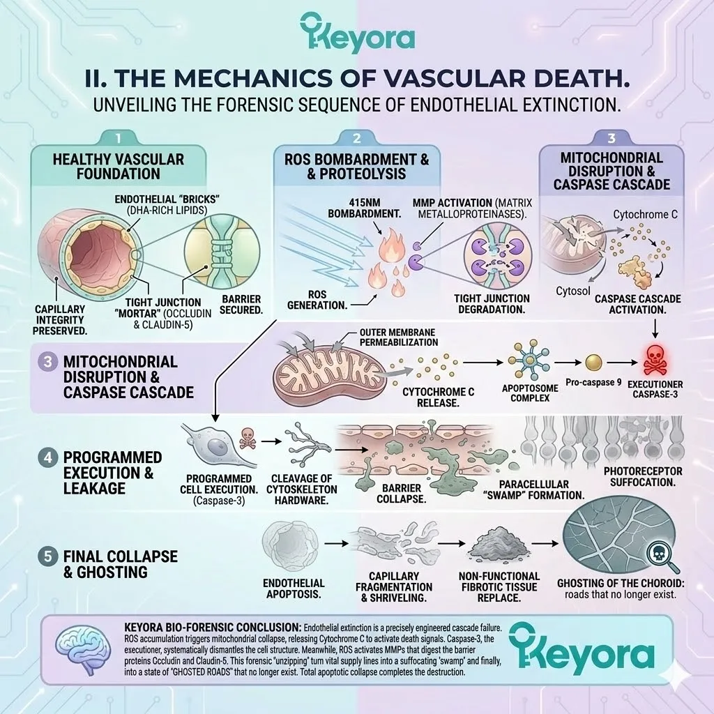 Caspase Cascade activation triggers paracellular leakage and apoptotic collapse of the blood-ocular barrier, finalizing total vascular extinction. Caspase Cascade activation triggers paracellular leakage and apoptotic collapse of the blood-ocular barrier, finalizing total vascular extinction.