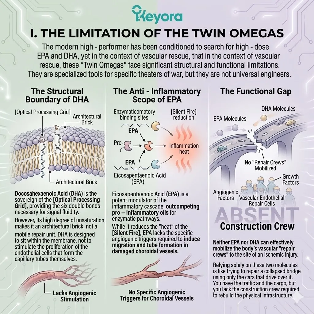 DHA and EPA limitations create a Functional Gap in vascular rescue, failing to stimulate the Four-Drive System's endothelial repair crews. DHA and EPA limitations create a Functional Gap in vascular rescue, failing to stimulate the Four-Drive System's endothelial repair crews.