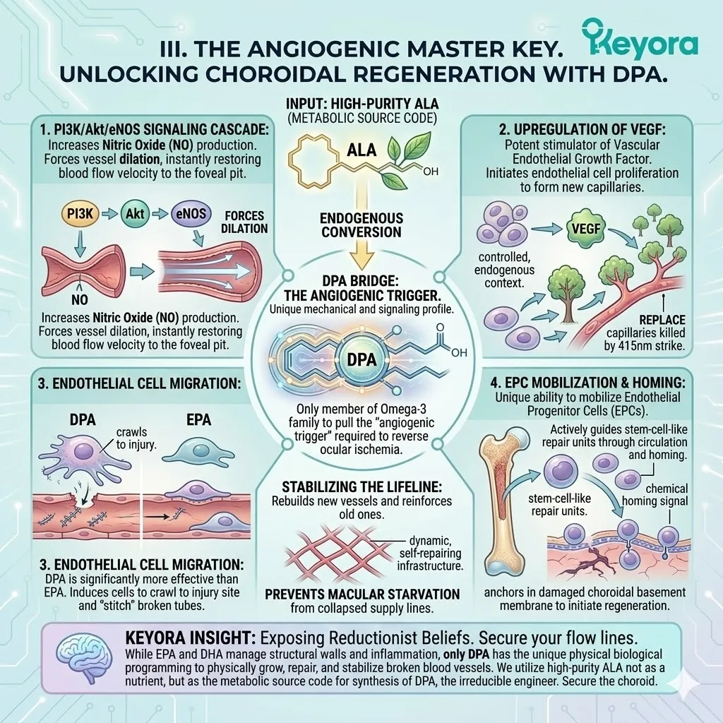 DPA activates the PI3K/Akt/eNOS Signaling Cascade to trigger EPC Mobilization and VEGF upregulation, restoring the Four-Drive System's micro-vascular highway. DPA activates the PI3K/Akt/eNOS Signaling Cascade to trigger EPC Mobilization and VEGF upregulation, restoring the Four-Drive System's micro-vascular highway.