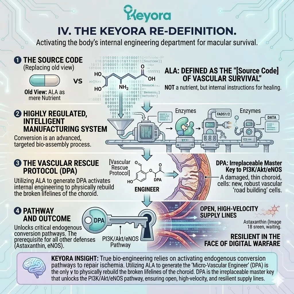 ALA serves as the Source Code for DPA synthesis, activating the PI3K/Akt/eNOS pathway to initiate the Vascular Rescue Protocol and restore the Four-Drive System. ALA serves as the Source Code for DPA synthesis, activating the PI3K/Akt/eNOS pathway to initiate the Vascular Rescue Protocol and restore the Four-Drive System.