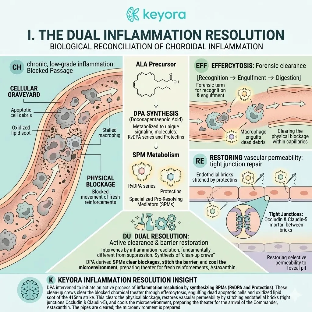 DPA-derived SPMs and RvDPA series trigger Efferocytosis to clear cellular soot and restore the Four-Drive System's vascular permeability. DPA-derived SPMs and RvDPA series trigger Efferocytosis to clear cellular soot and restore the Four-Drive System's vascular permeability.