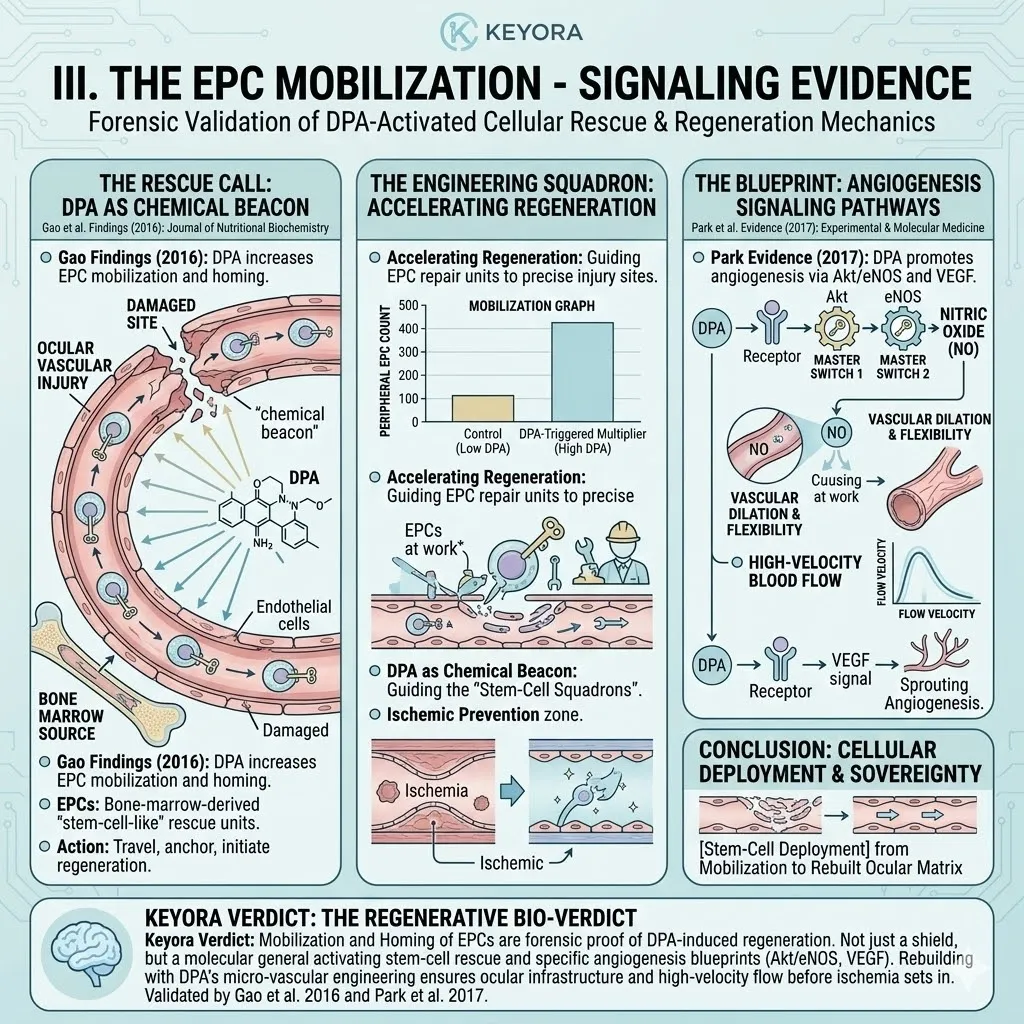 DPA initiates EPC Mobilization and Homing to damaged capillaries, activating the Akt/eNOS and VEGF switches within the Four-Drive System. DPA initiates EPC Mobilization and Homing to damaged capillaries, activating the Akt/eNOS and VEGF switches within the Four-Drive System.