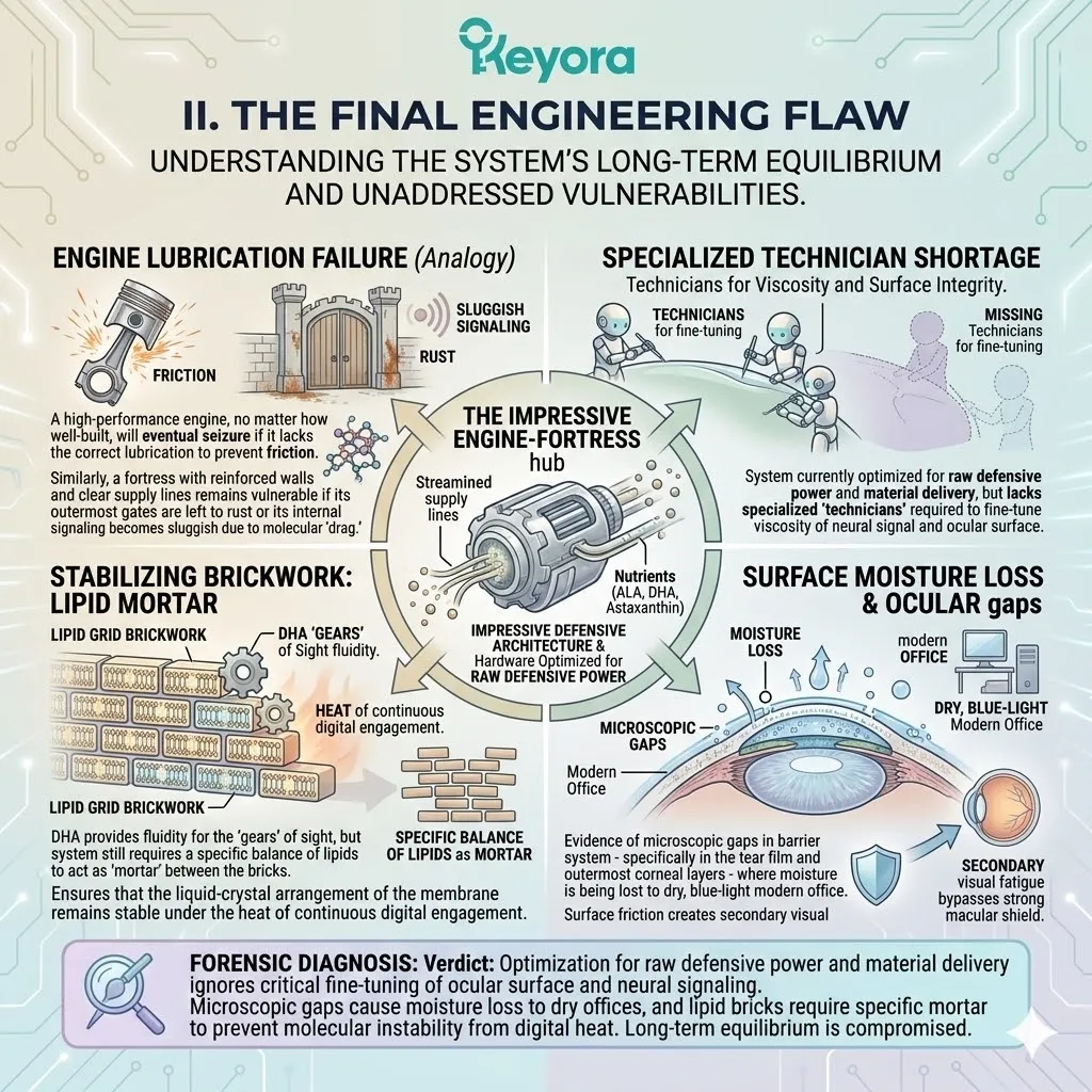 Surface Friction and molecular drag compromise the Four-Drive System, creating gaps in the Tear Film that bypass the Macular Shield's defensive hardware. Surface Friction and molecular drag compromise the Four-Drive System, creating gaps in the Tear Film that bypass the Macular Shield's defensive hardware.