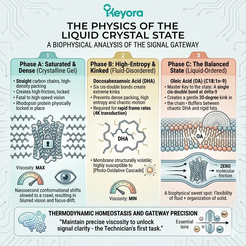 Oleic Acid modulates the Liquid Crystal State to bridge Crystalline Gel and Fluid-Disordered phases, optimizing ATP Synthesis and membrane viscosity. Oleic Acid modulates the Liquid Crystal State to bridge Crystalline Gel and Fluid-Disordered phases, optimizing ATP Synthesis and membrane viscosity.