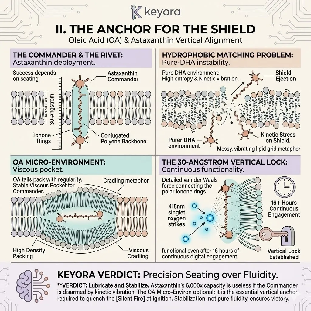 Oleic Acid creates a high-density micro-environment to anchor Astaxanthin, preventing shield ejection and securing the 30-Angstrom vertical lock for absolute Neurological Sovereignty. Oleic Acid creates a high-density micro-environment to anchor Astaxanthin, preventing shield ejection and securing the 30-Angstrom vertical lock for absolute Neurological Sovereignty.