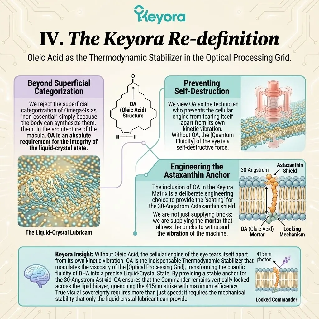 Oleic Acid functions as the Thermodynamic Stabilizer to transform chaotic DHA fluidity into a Liquid-Crystal State, securing the Four-Drive System’s structural integrity. Oleic Acid functions as the Thermodynamic Stabilizer to transform chaotic DHA fluidity into a Liquid-Crystal State, securing the Four-Drive System’s structural integrity.