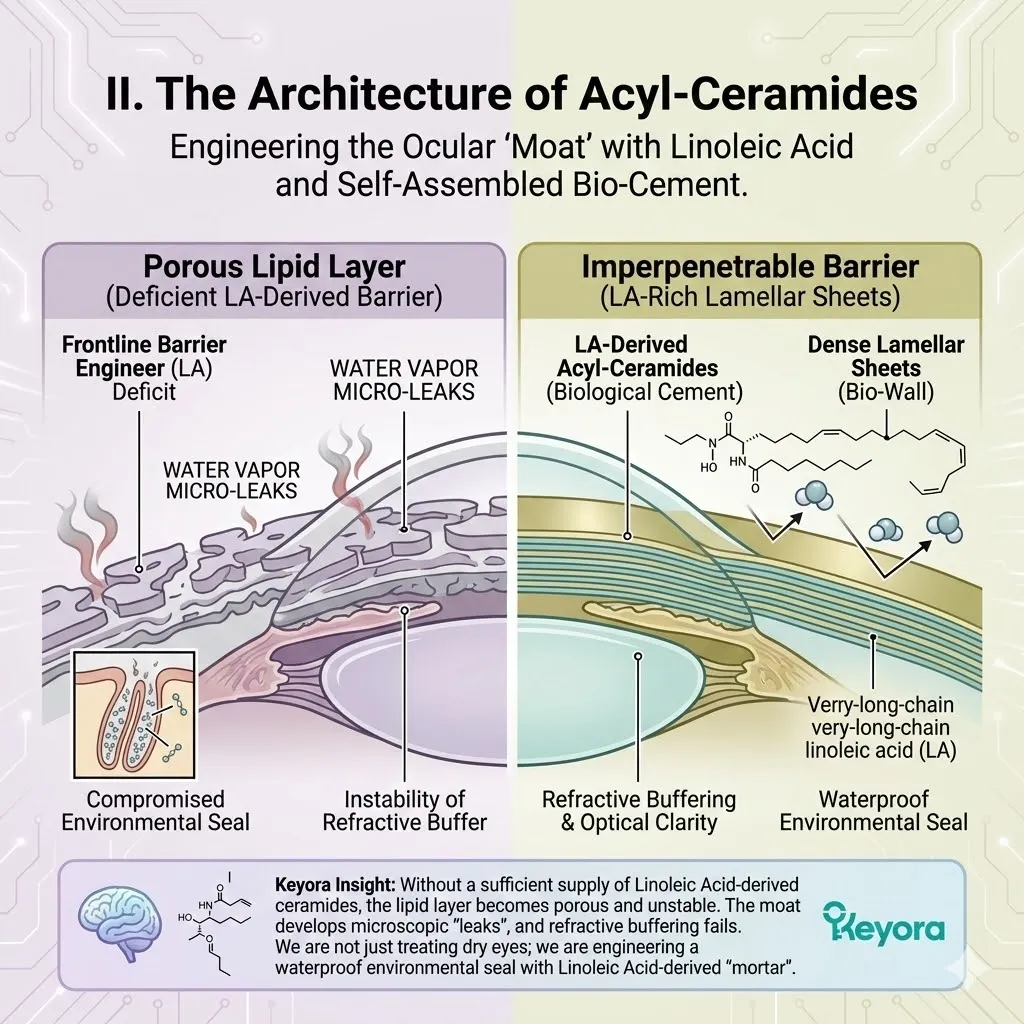 Linoleic Acid as the Frontline Barrier Engineer synthesizes acyl-ceramides to construct a multi-layered biological wall, securing refractive moisture and Neurological Sovereignty. Linoleic Acid as the Frontline Barrier Engineer synthesizes acyl-ceramides to construct a multi-layered biological wall, securing refractive moisture and Neurological Sovereignty.