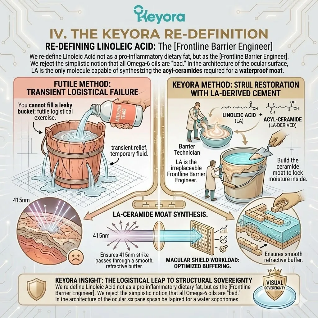 Linoleic Acid functions as the Frontline Barrier Engineer, synthesizing acyl-ceramides to restore refractive sovereignty and prevent the 415nm scattering wasteland. Linoleic Acid functions as the Frontline Barrier Engineer, synthesizing acyl-ceramides to restore refractive sovereignty and prevent the 415nm scattering wasteland.